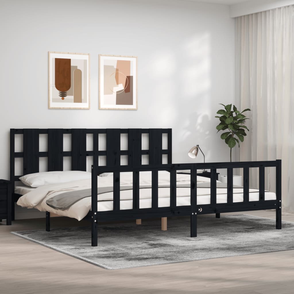 Sängram med huvudgavel svart 200x200 cm massivt trä