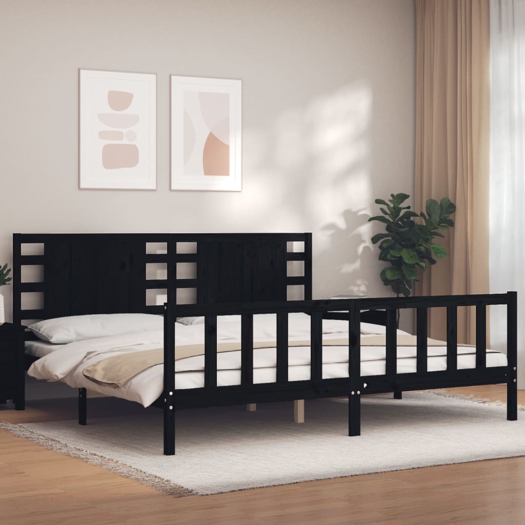 Sängram med huvudgavel svart 200x200 cm massivt trä