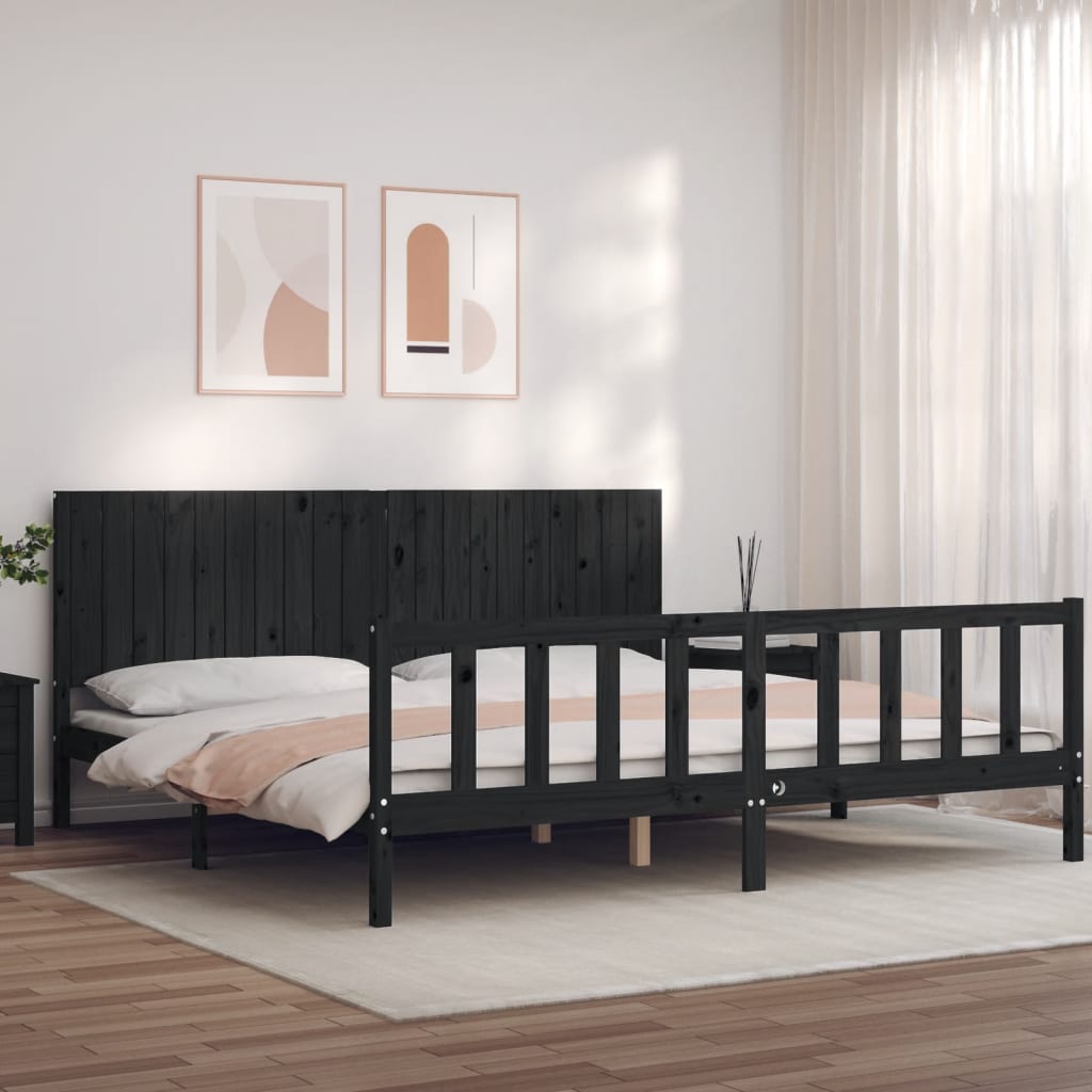 Sängram med huvudgavel svart 200x200 cm massivt trä