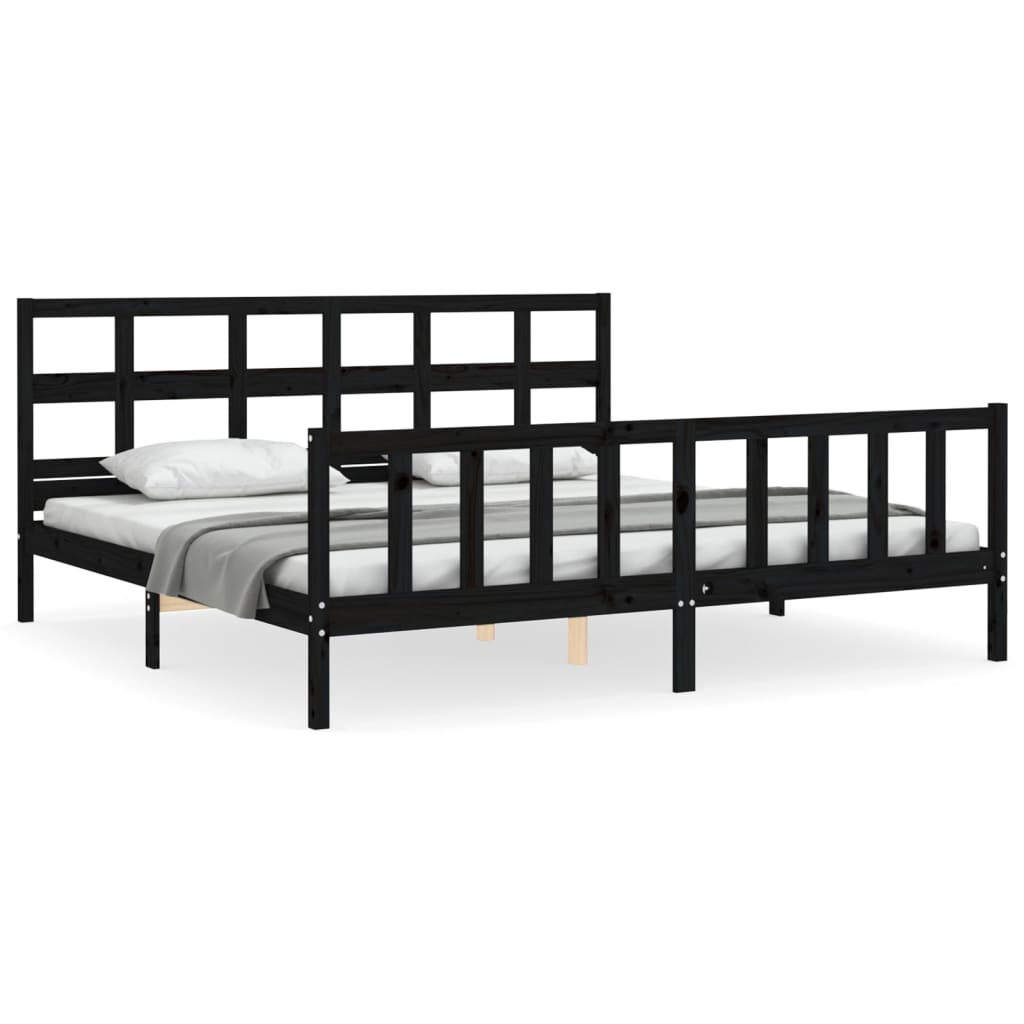 Sängram med huvudgavel svart 200x200 cm massivt trä