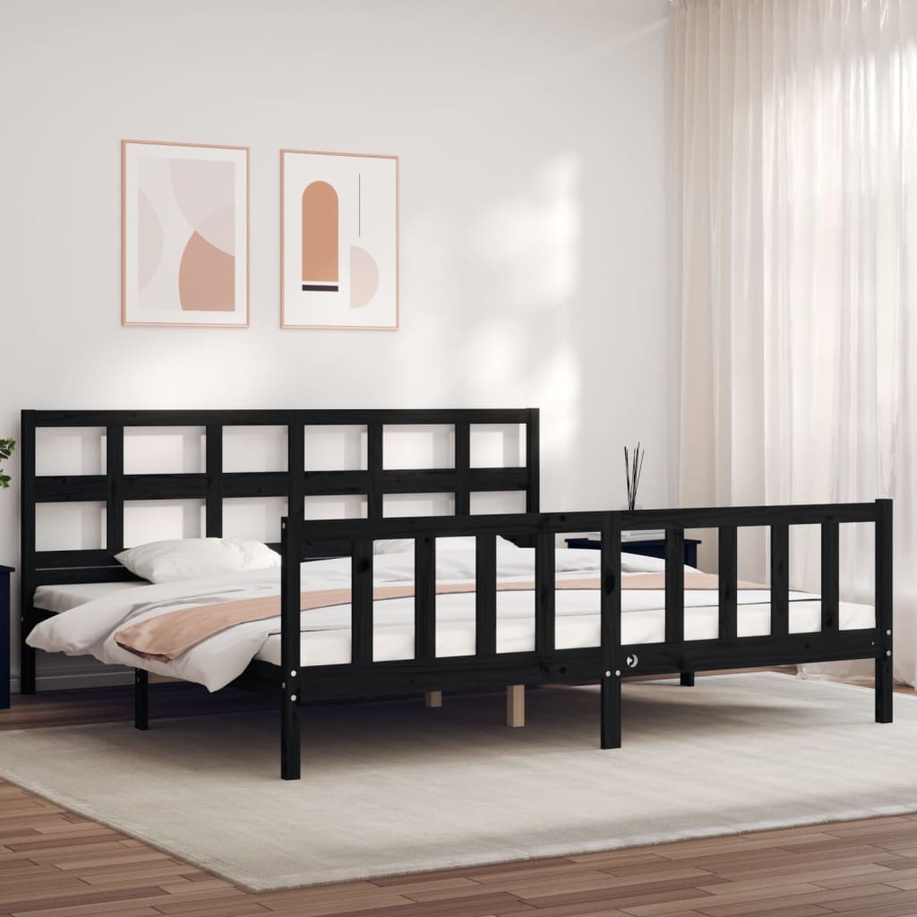 Sängram med huvudgavel svart 200x200 cm massivt trä