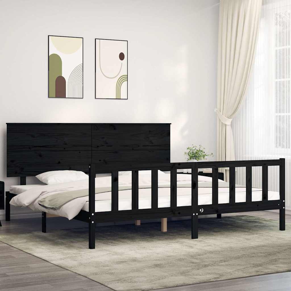 Sängram med huvudgavel svart 200x200 cm massivt trä