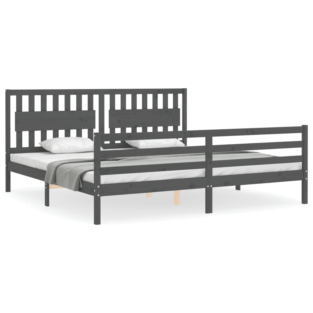 Sängram med huvudgavel grå 200x200 cm massivt trä