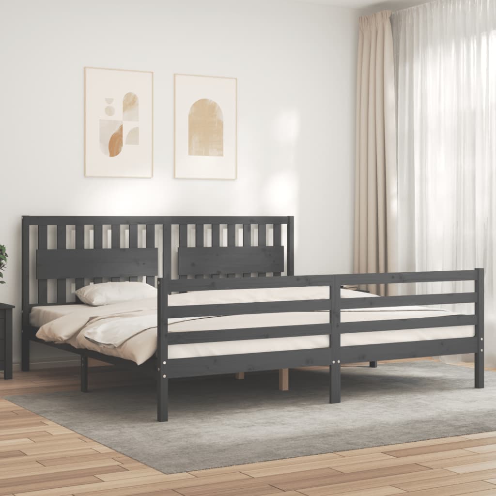 Sängram med huvudgavel grå 200x200 cm massivt trä