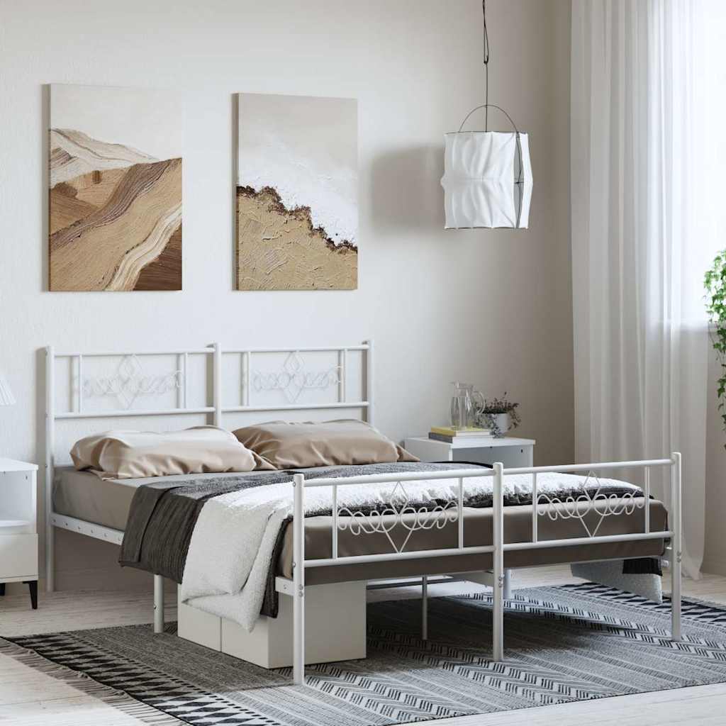 Sängram med huvudgavel och fotgavel vit metall 150x200 cm