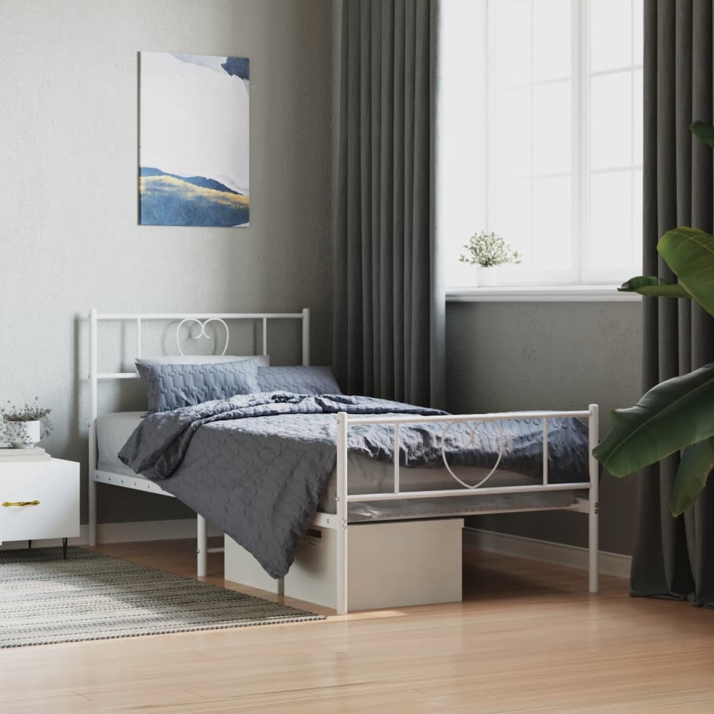 Sängram med huvudgavel och fotgavel vit metall 107x203 cm