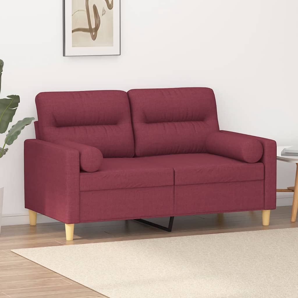 2-sits soffa med prydnadskuddar vinröd 120 cm tyg