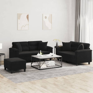 Soffgrupp med kuddar 3 delar svart mikrofibertyg