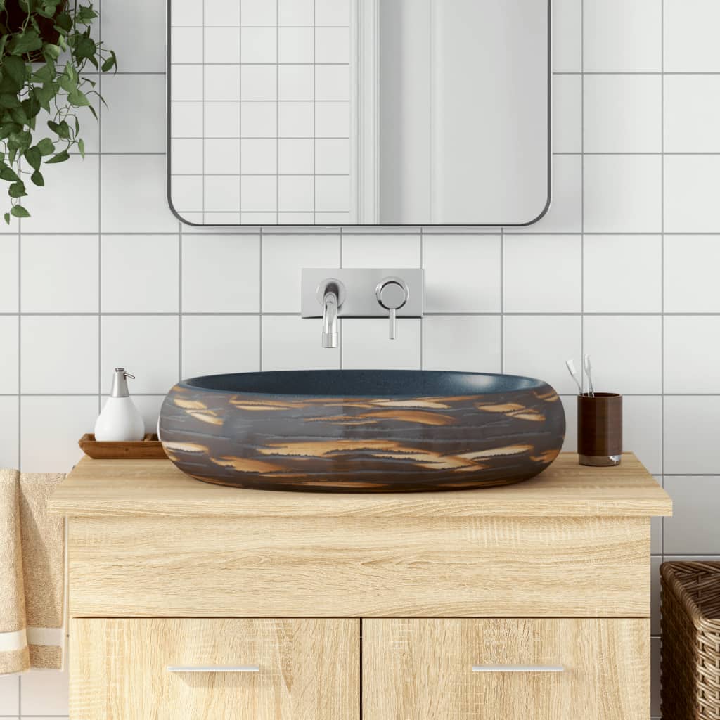 Handfat brun och blå oval 59x40x15 cm keramik