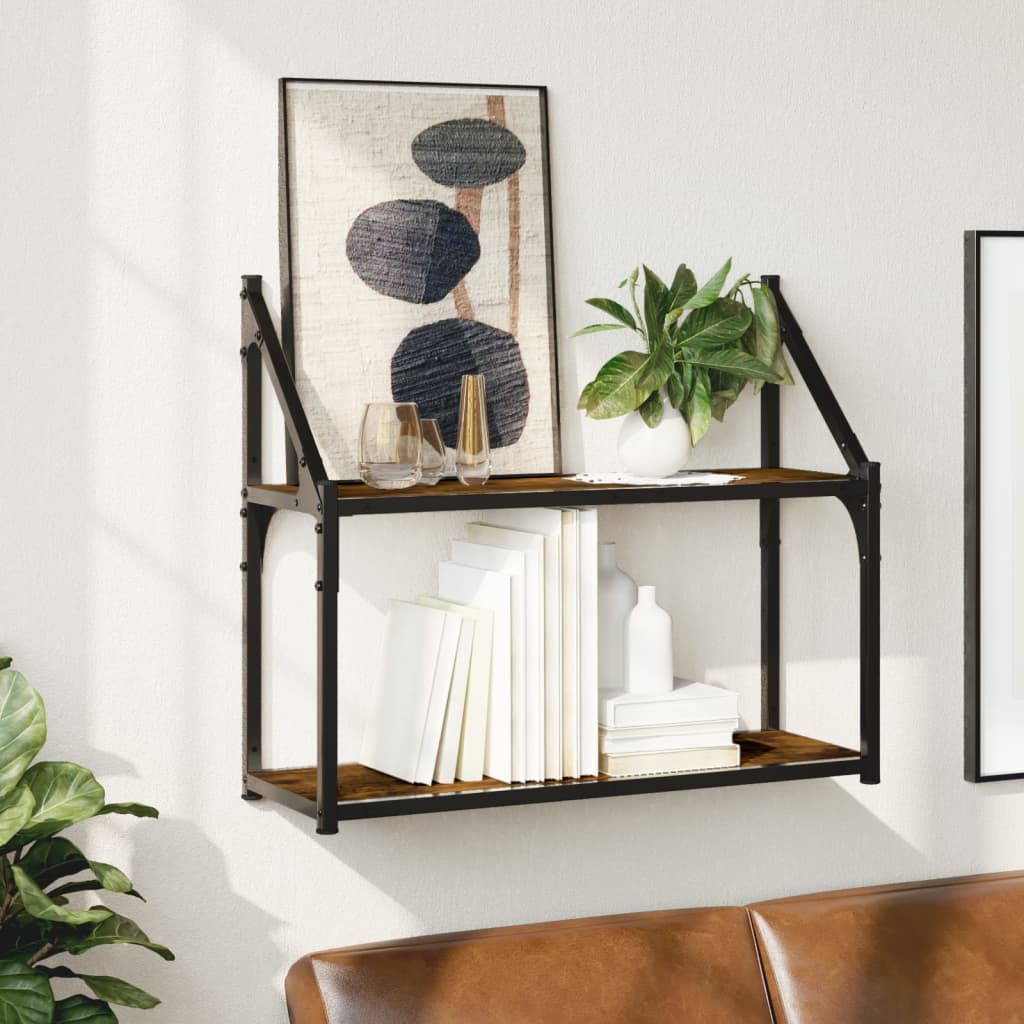 Vägghylla 2 hyllor rökfärgad ek 60x21x51 cm konstruerat trä