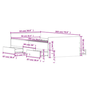 Sängram med huvudgavel och fotgavel rökfärgad ek 90x200 cm