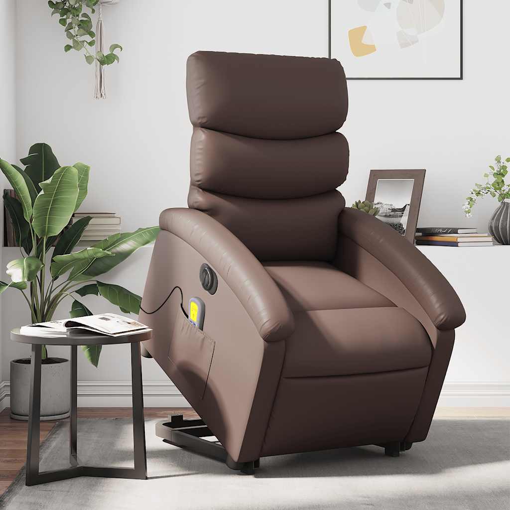 Massagefåtölj med uppresningshjälp brun konstläder