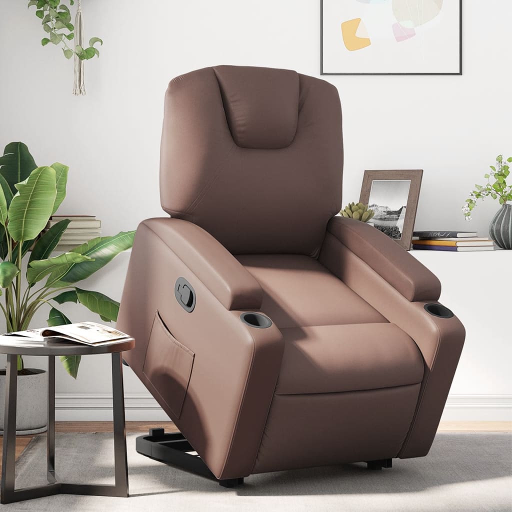 Reclinerfåtölj med uppresningshjälp brun konstläder