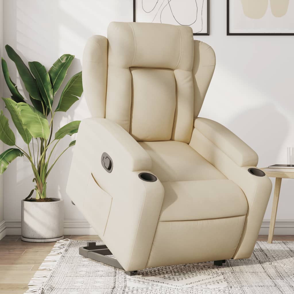 Reclinerfåtölj med uppresningshjälp gräddvit tyg