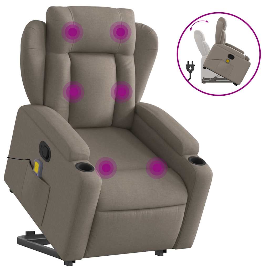 Massagefåtölj med uppresningshjälp taupe tyg