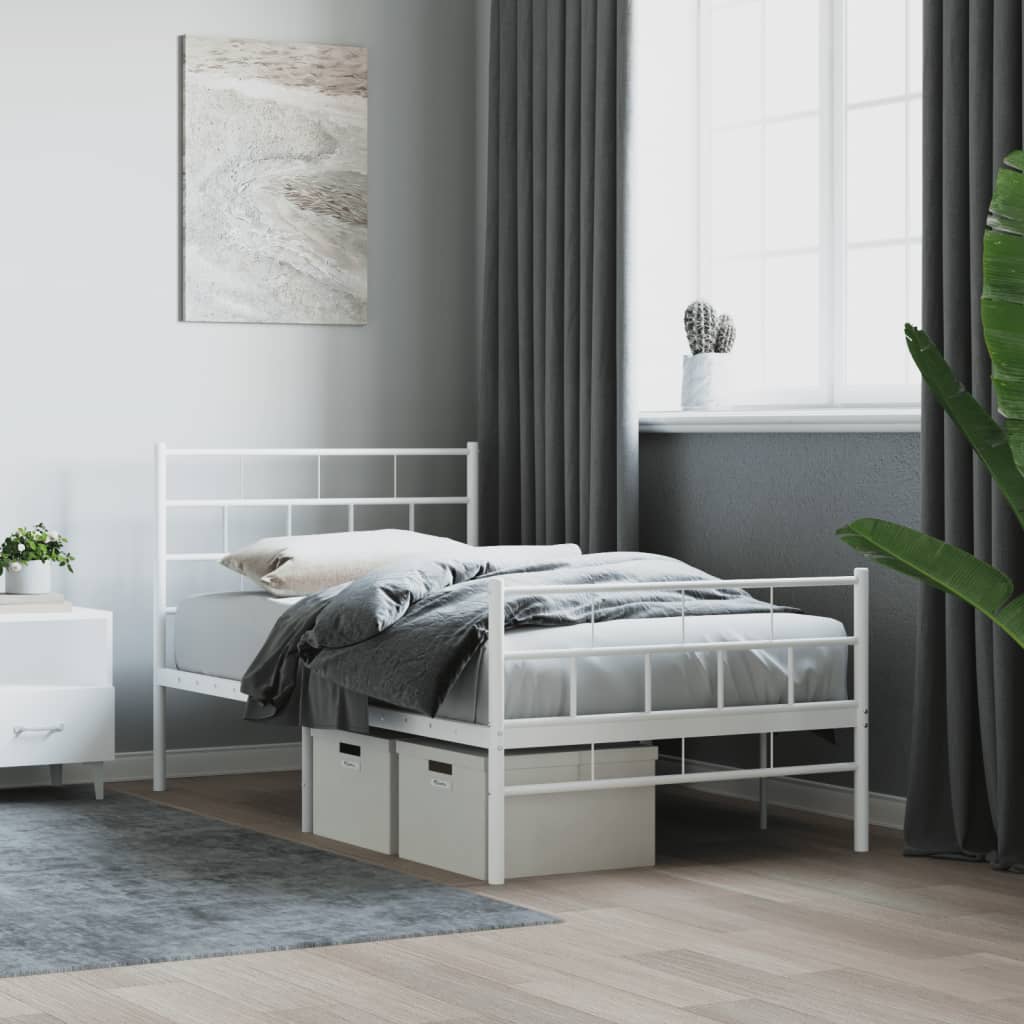Sängram med huvudgavel och fotgavel vit metall 90x200 cm