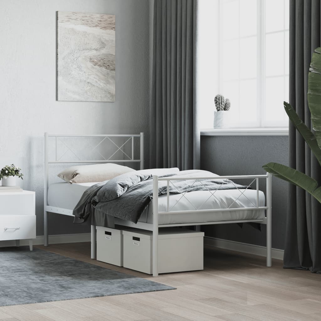 Sängram med huvudgavel och fotgavel vit metall 90x200 cm