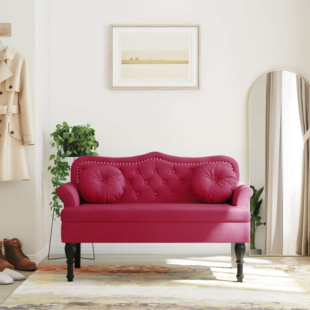 Bänk med kuddar vinröd 120,5x65x75 cm sammet