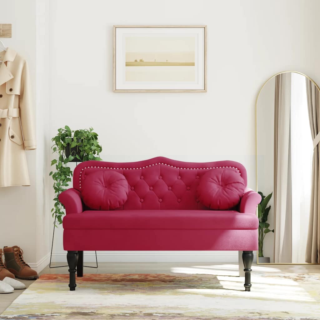 Bänk med kuddar vinröd 120,5x65x75 cm sammet