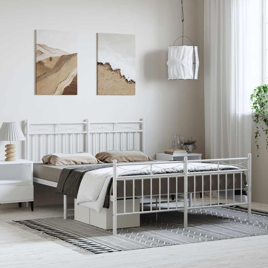 Sängram med huvudgavel och fotgavel vit metall 150x200 cm