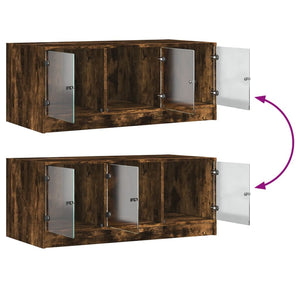 Soffbord med glasdörrar rökfärgad ek 102x50x42 cm