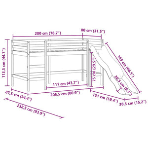 Loftsäng med stege & rutschkana svart 80x200 cm massiv furu