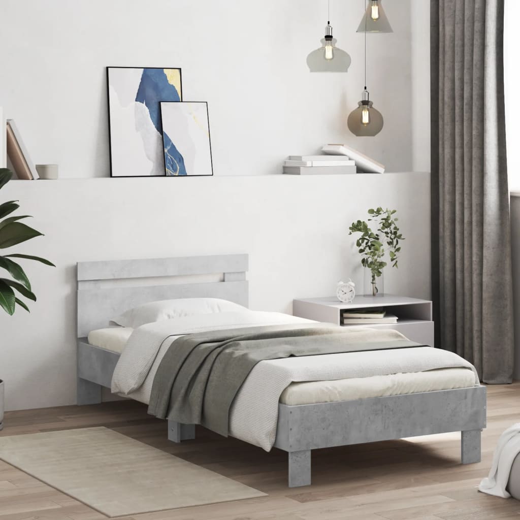 Sängram med huvudgavel betonggrå 90x200 cm konstruerat trä