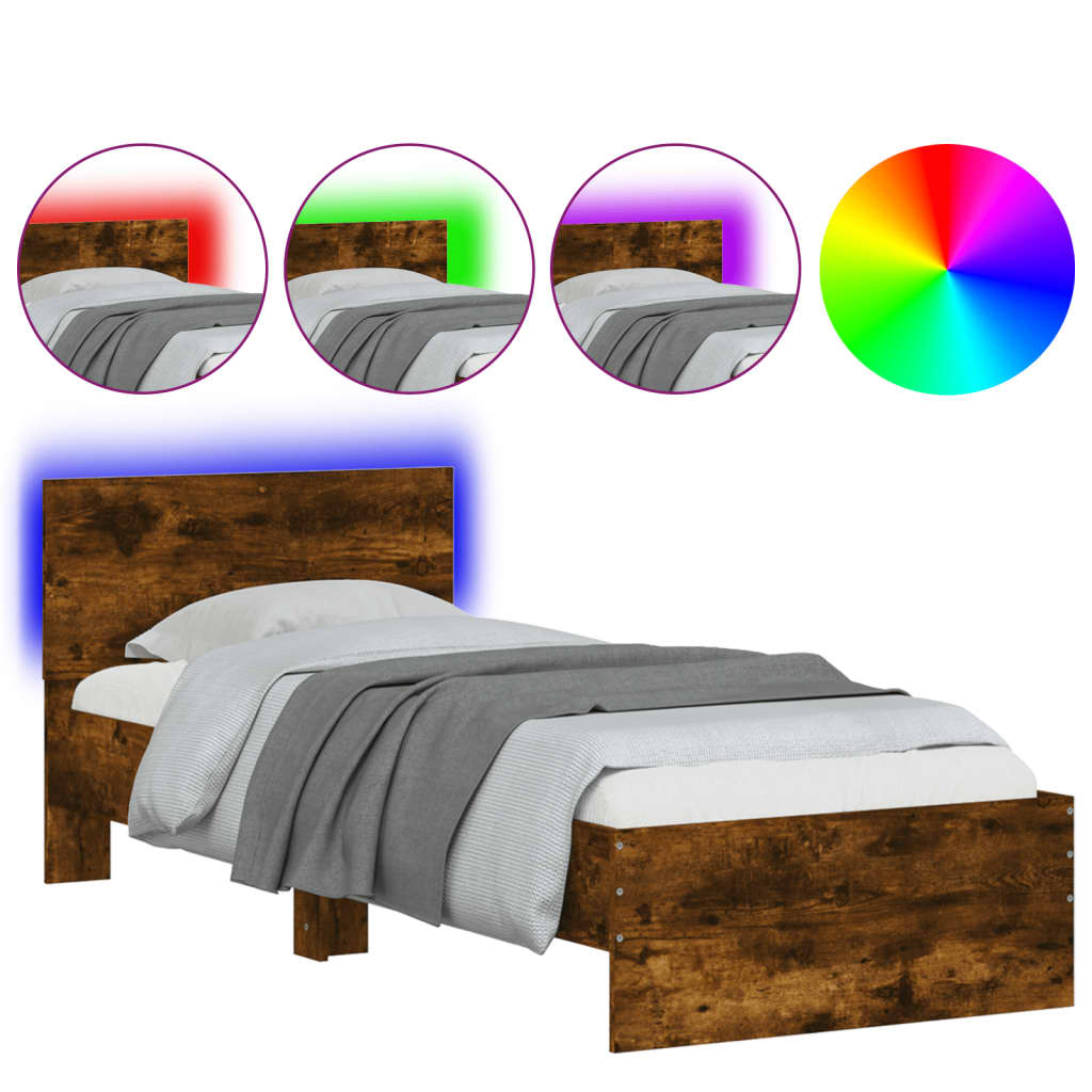Sängram med huvudgavel och LED rökfärgad ek 90x200 cm
