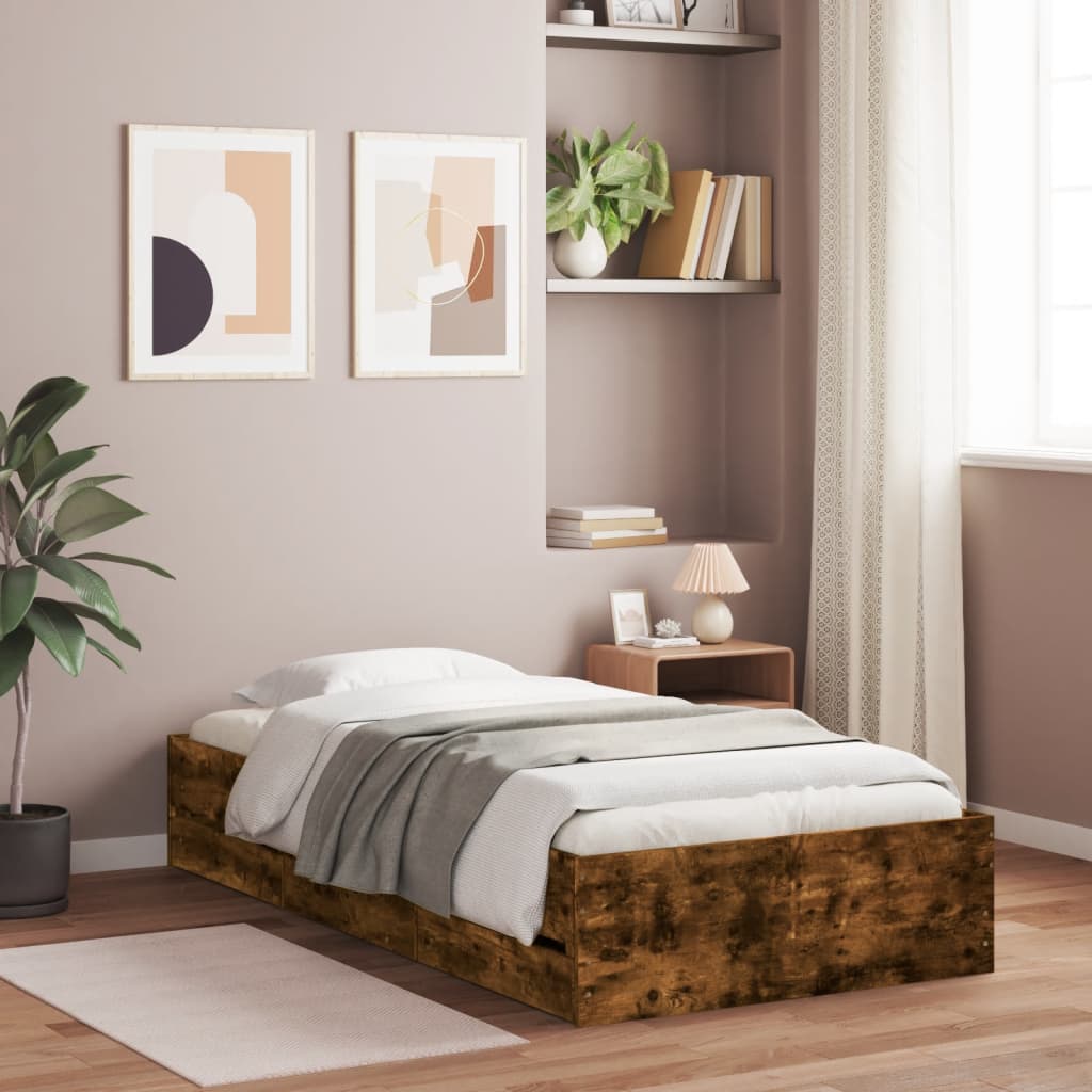 Sängram med lådor rökfärgad ek 90x190 cm konstruerad trä