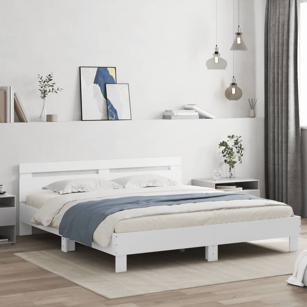 Sängram med huvudgavel vit 200x200 cm konstruerat trä