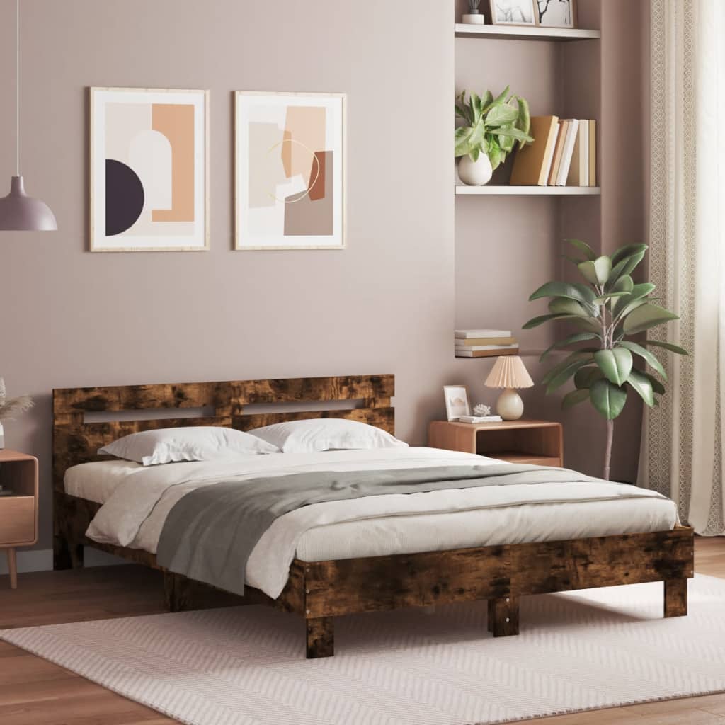 Sängram med huvudgavel rökfärgad ek 140x200 cm konstruerat trä