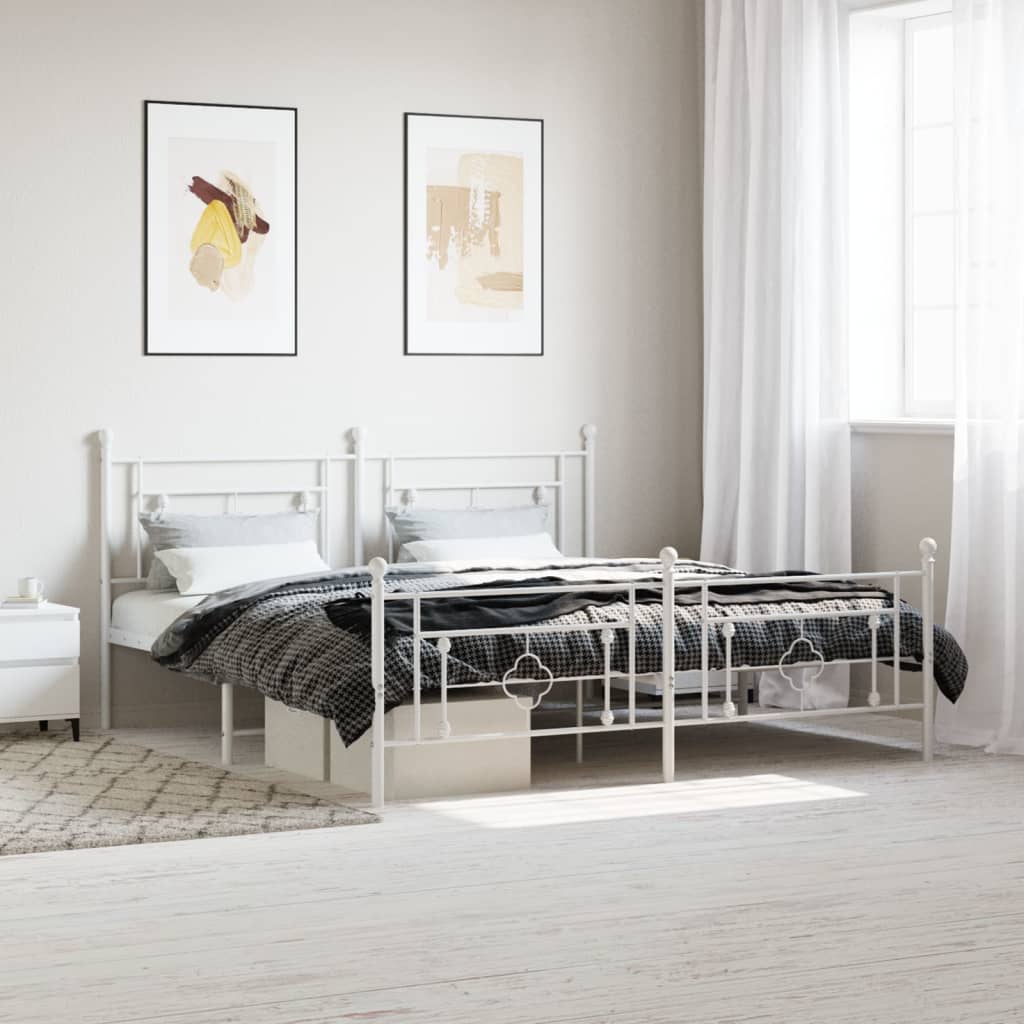 Sängram med huvudgavel och fotgavel vit metall 183x213 cm