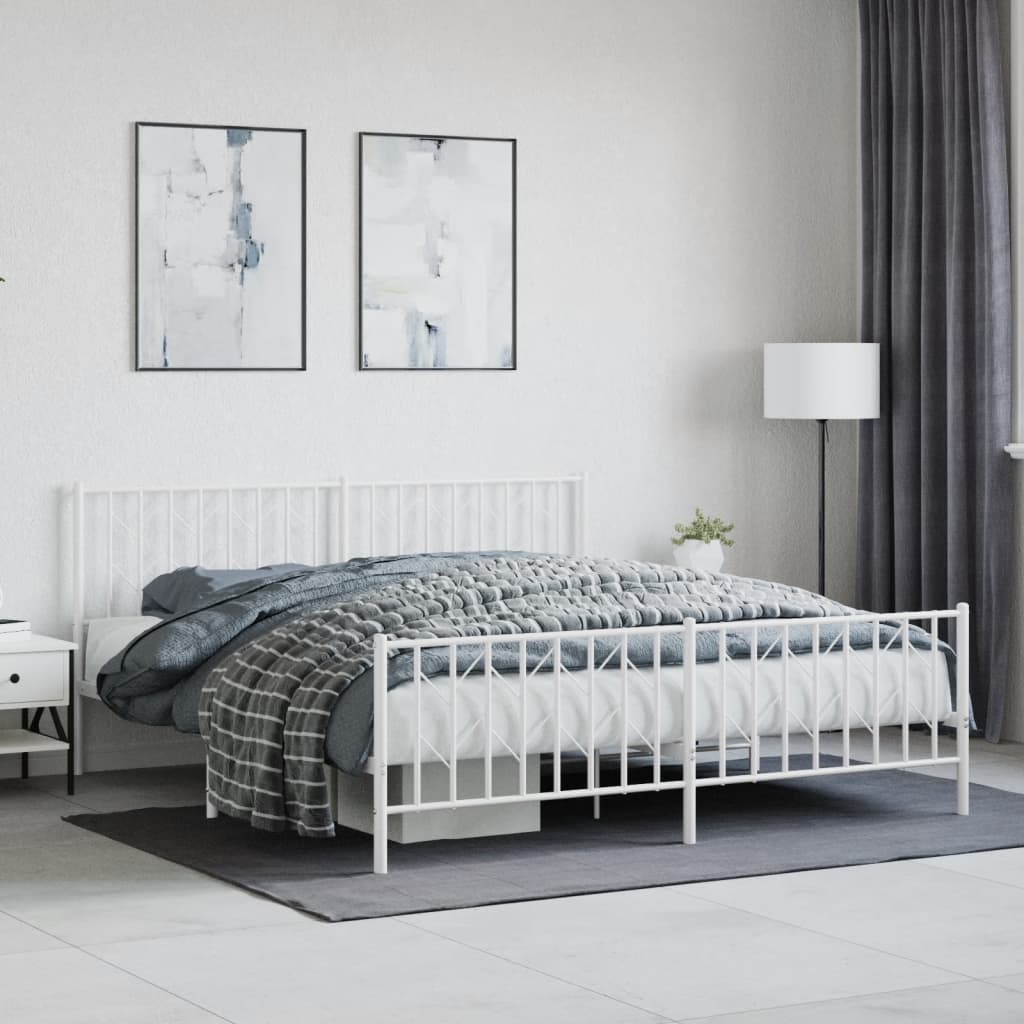 Sängram med huvudgavel och fotgavel vit metall 183x213 cm