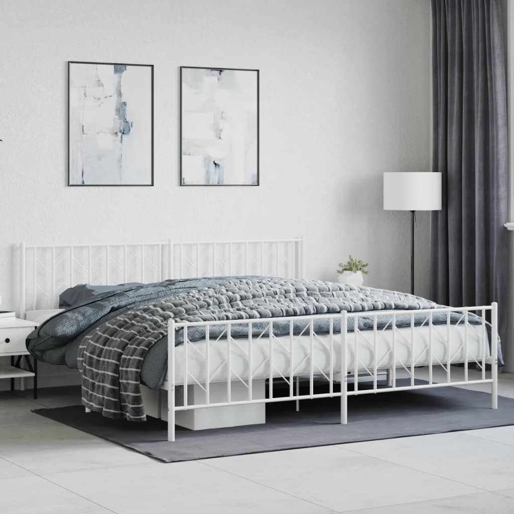 Sängram med huvudgavel och fotgavel vit metall 200x200 cm