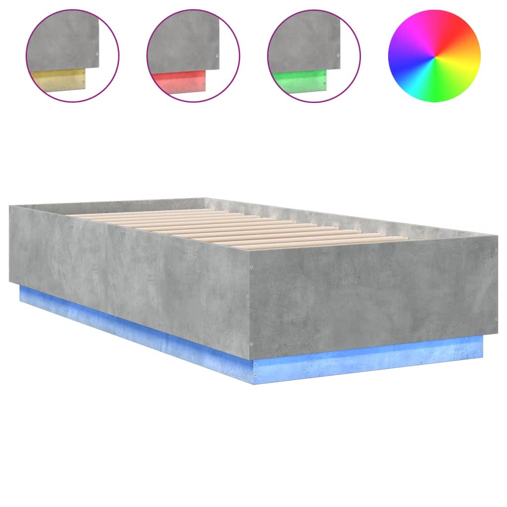 Sängram med LEDs betonggrå 90x200 cm konstruerad trä