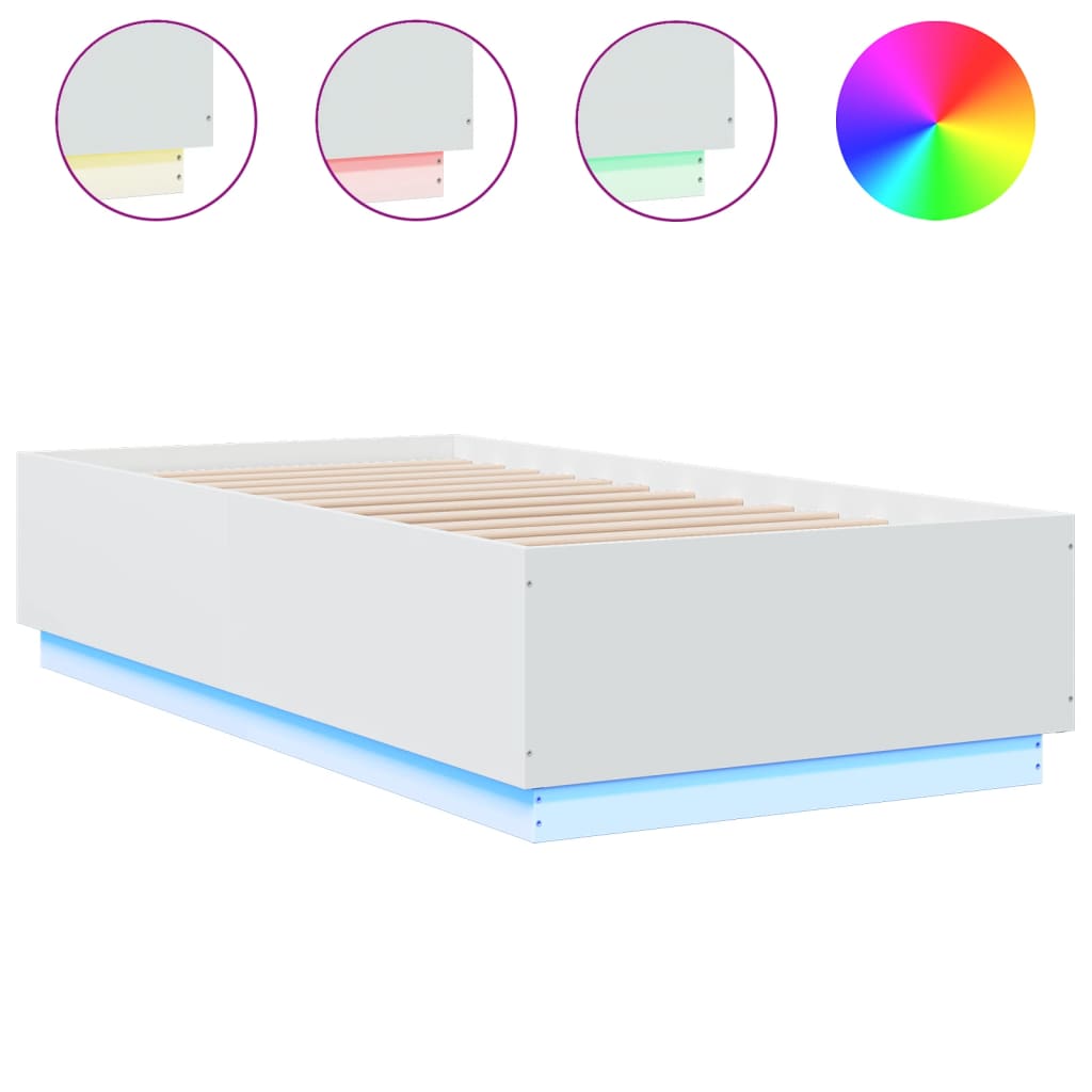 Sängram med LEDs vit 90x190 cm konstruerat trä