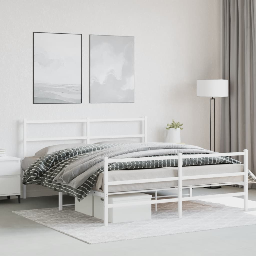 Sängram med huvudgavel och fotgavel vit metall 150x200 cm