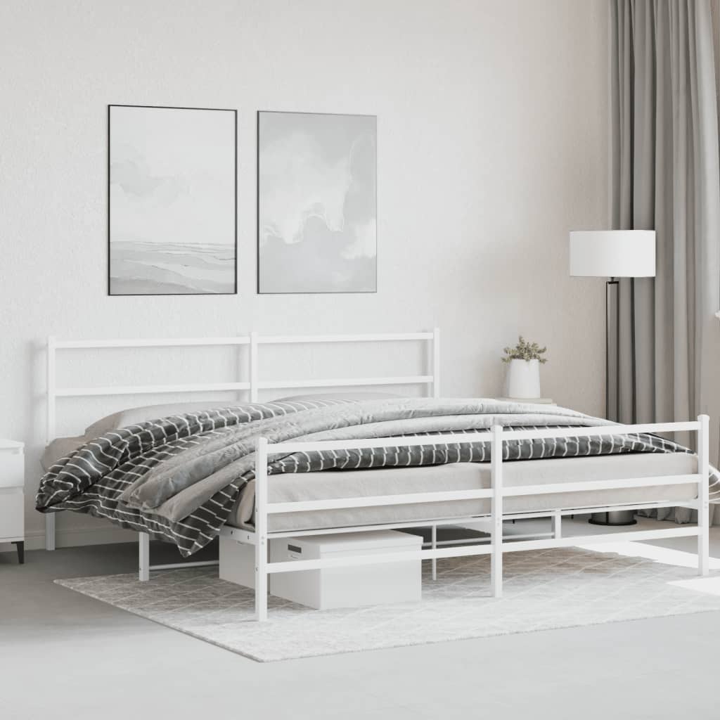 Sängram med huvudgavel och fotgavel vit metall 200x200 cm