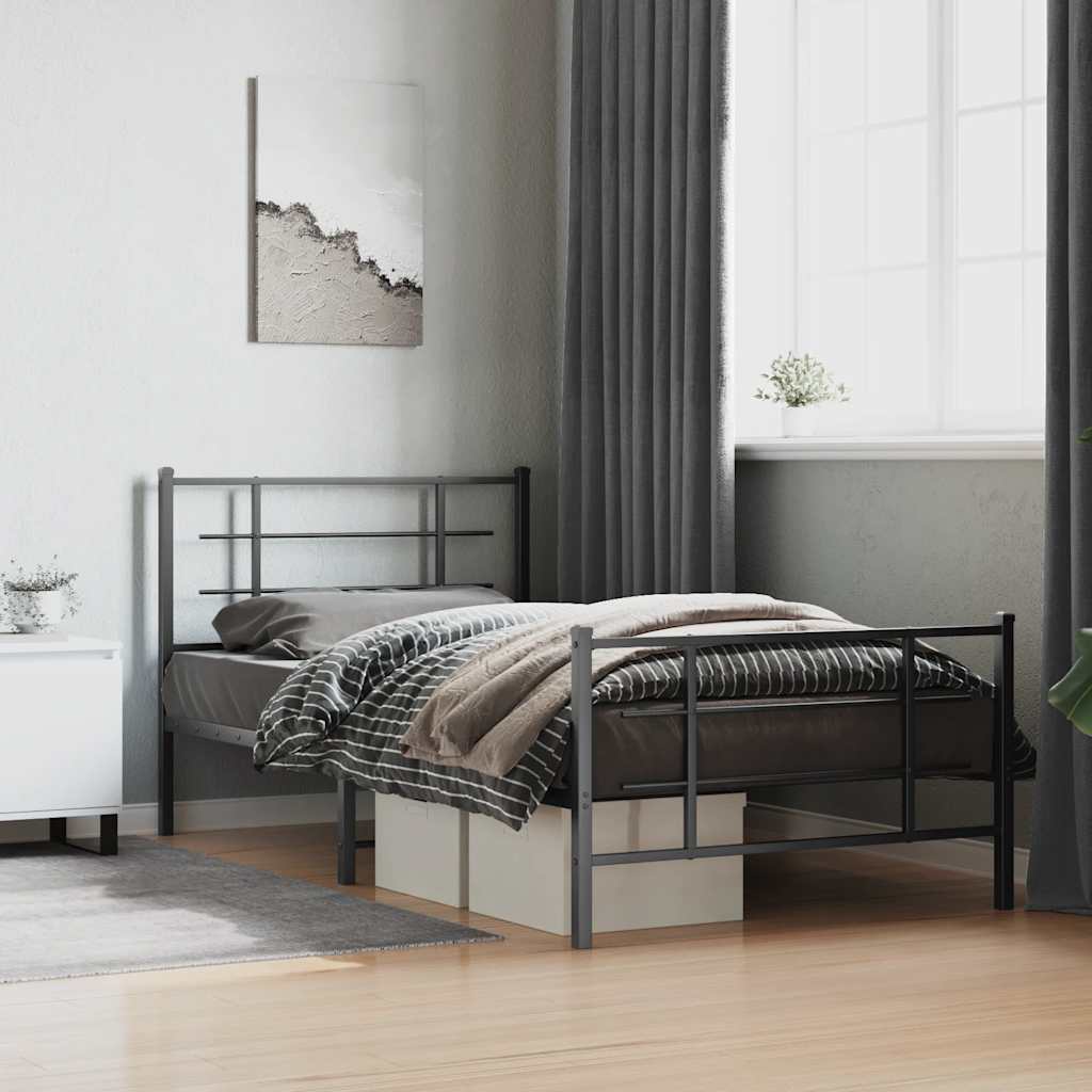 Sängram med huvudgavel och fotgavel svart metall 107x203 cm
