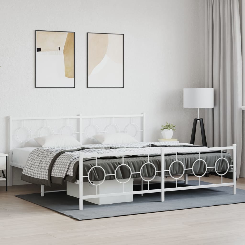 Sängram med huvudgavel och fotgavel vit metall 200x200 cm