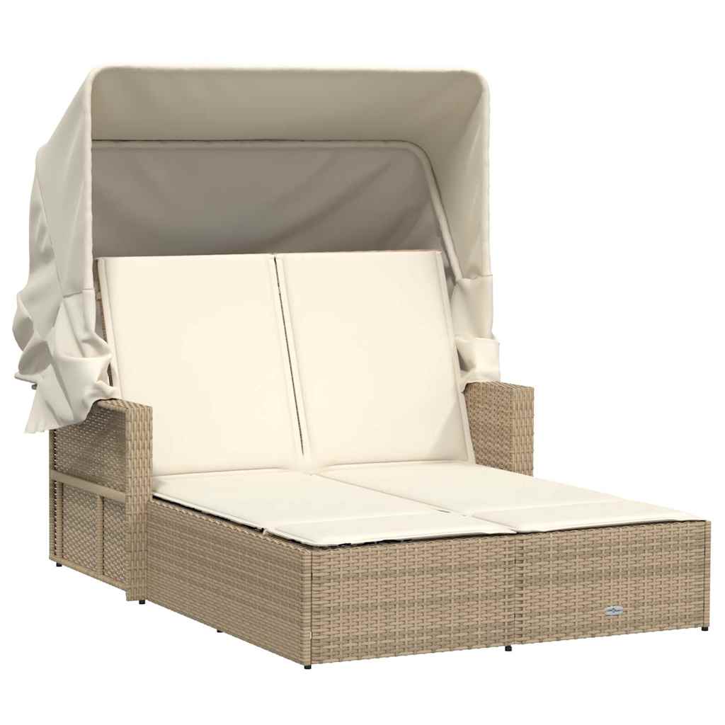 Dubbel solsäng med tak och dynor beige konstrotting