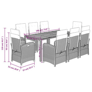 Matgrupp för trädgården med dynor 9 delar svart konstrottning
