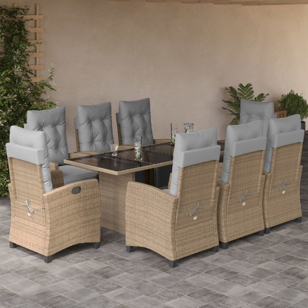 Matgrupp för trädgården med dynor 9 delar mixbeige konstrotting