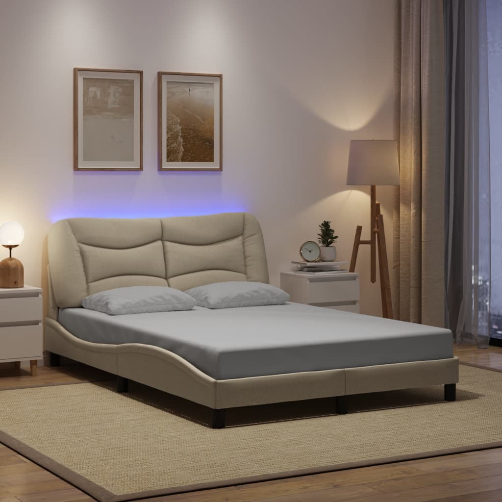 Bed Frame with LED without Mattress "Hvar" Cream 140x190 cm Fabric