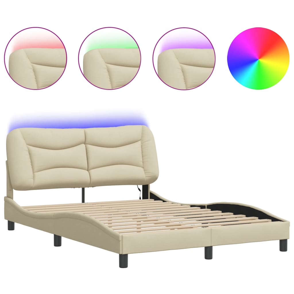 Bed Frame with LED without Mattress "Hvar" Cream 140x200 cm Fabric