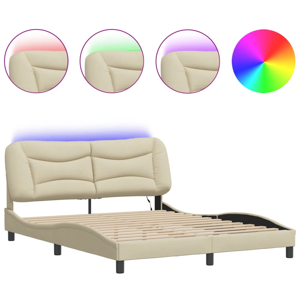 Bed Frame with LED without Mattress "Hvar" Cream 160x200 cm Fabric