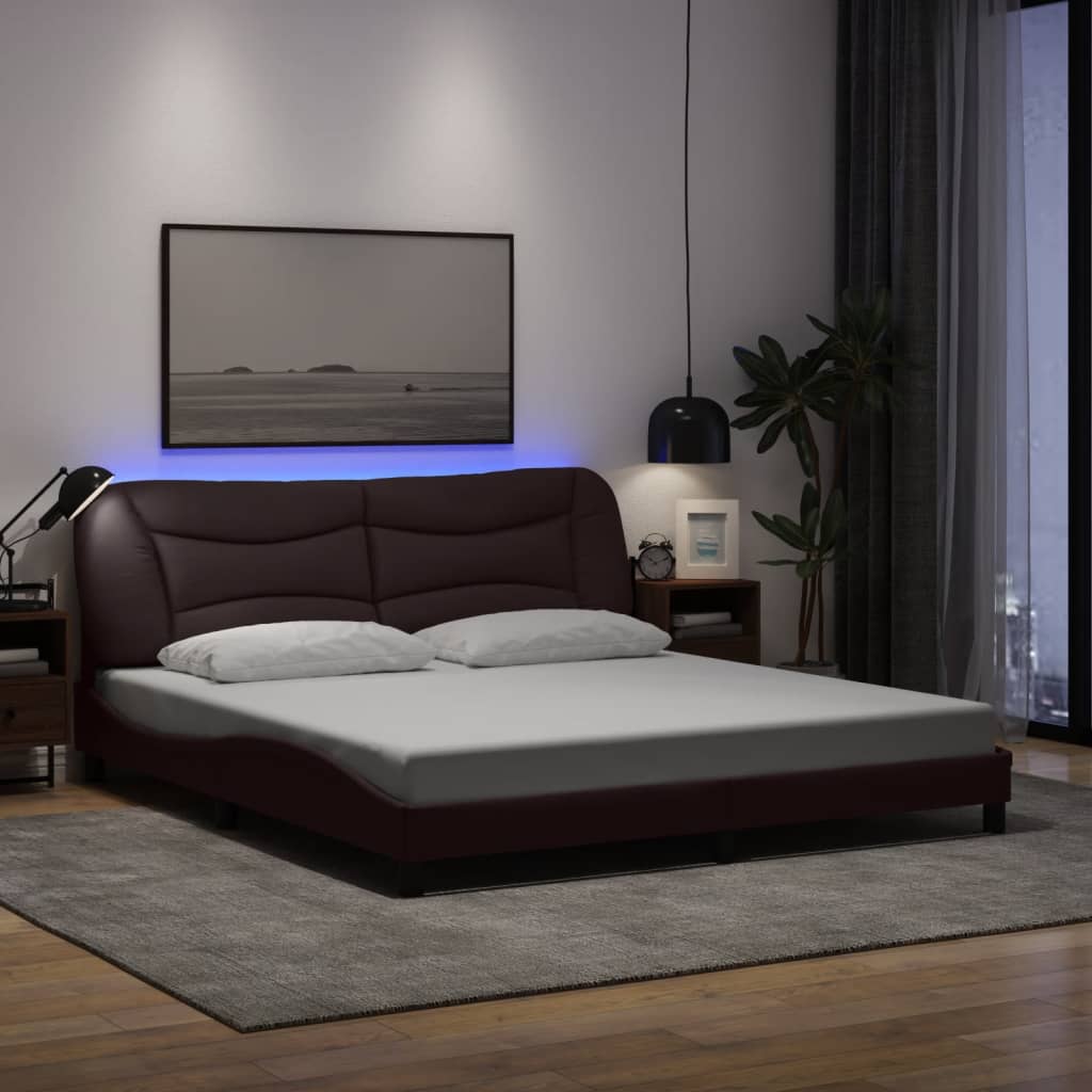 Bed Frame with LED without Mattress "Hvar" Dark Brown 180x200 cm Fabric