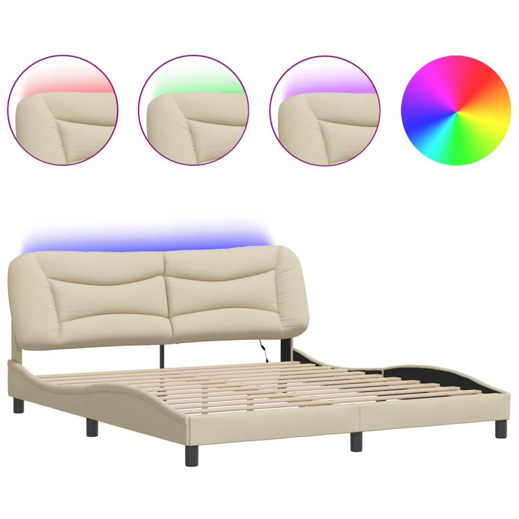 Bed Frame with LED without Mattress "Hvar" Cream 180x200 cm Fabric