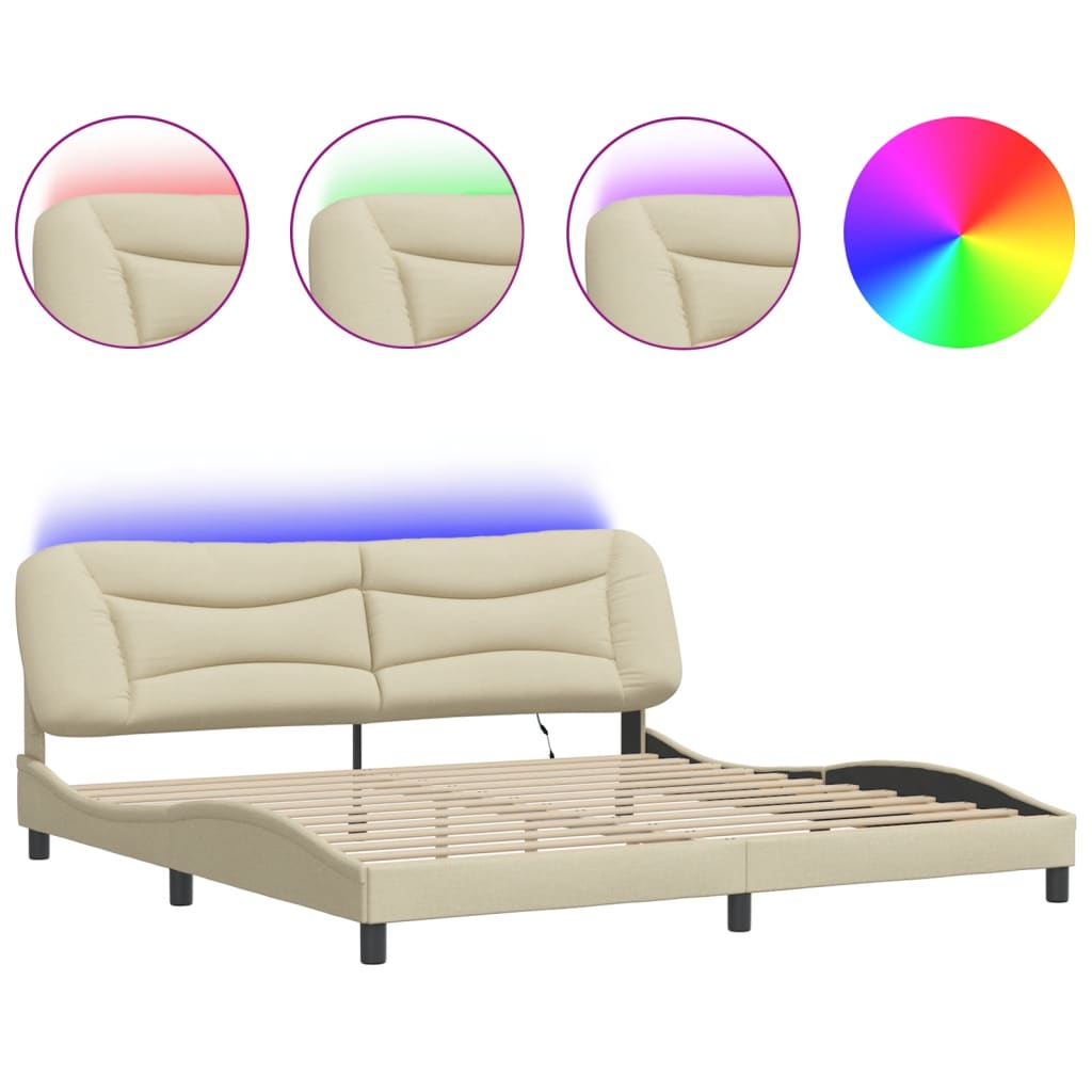 Bed Frame with LED without Mattress "Hvar" Cream 200x200 cm Fabric