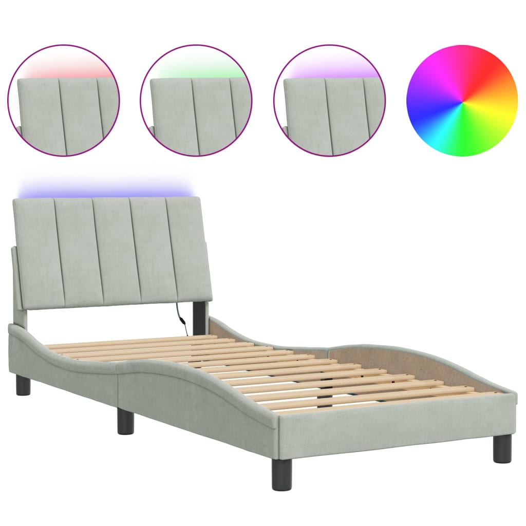 Bed Frame with LED without Mattress "Hanko" Light Grey 90x200 cm Velvet